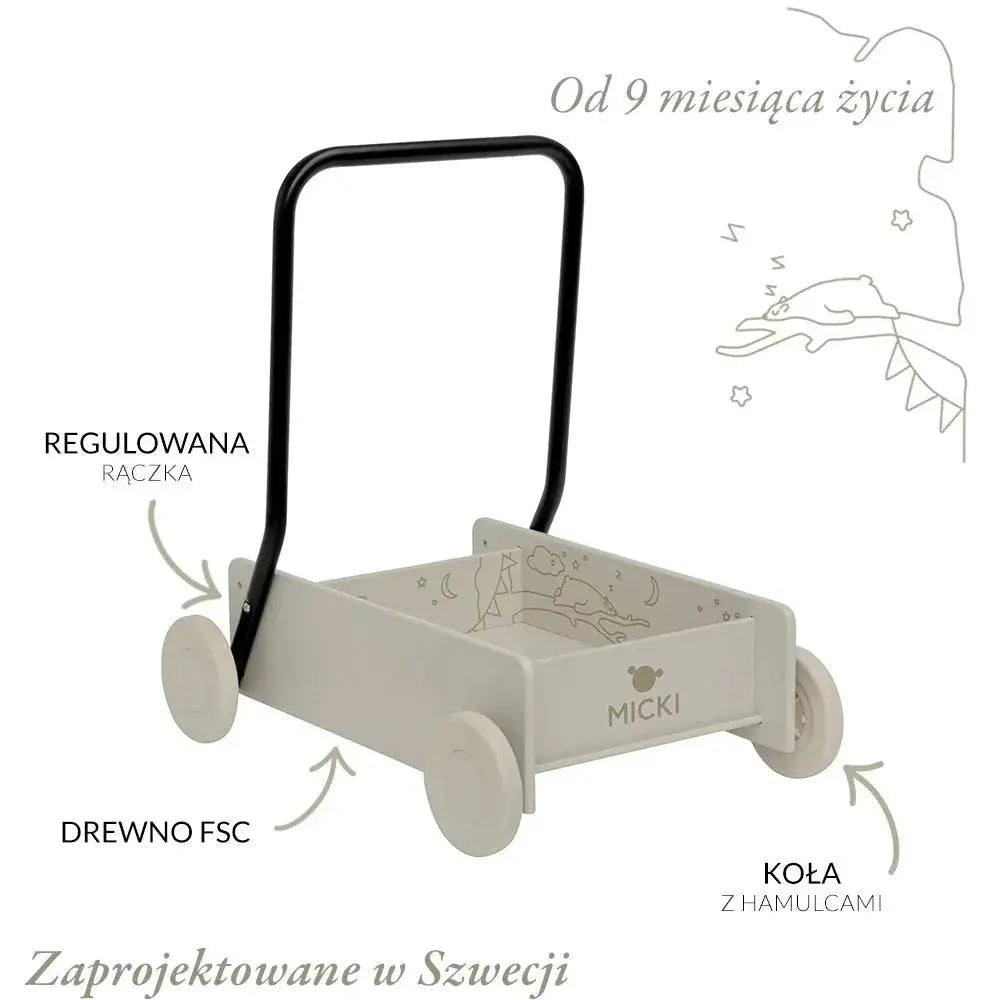 Beżowy drewniany chodzik pchacz, do nauki chodzenia, dla dzieci, zabawka Micki - Zabawki z Lasu 