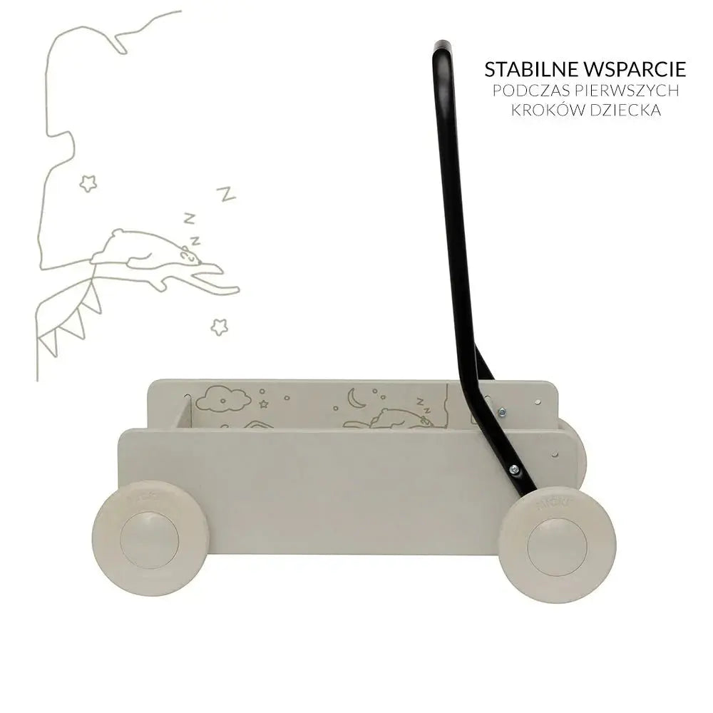 Beżowy drewniany chodzik pchacz, do nauki chodzenia, dla dzieci, zabawka Micki - Zabawki z Lasu 