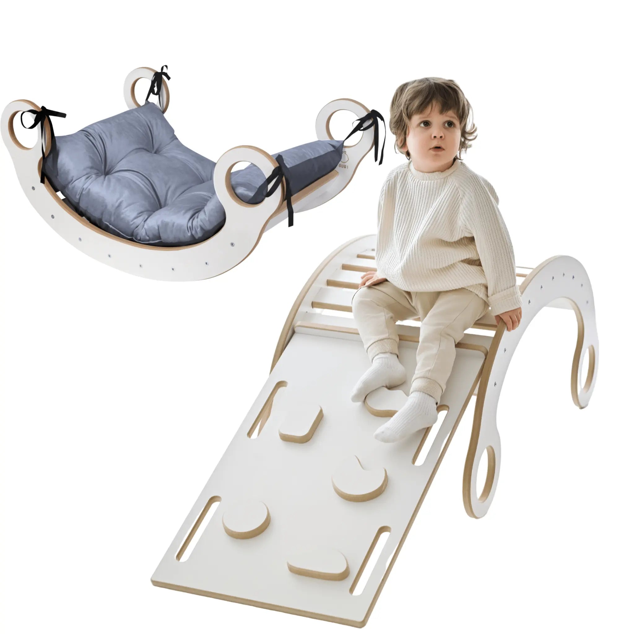 Bujak XL + ścianka wspinaczkowa / zjeżdżalnia + poduszka szara - Zabawki z Lasu 