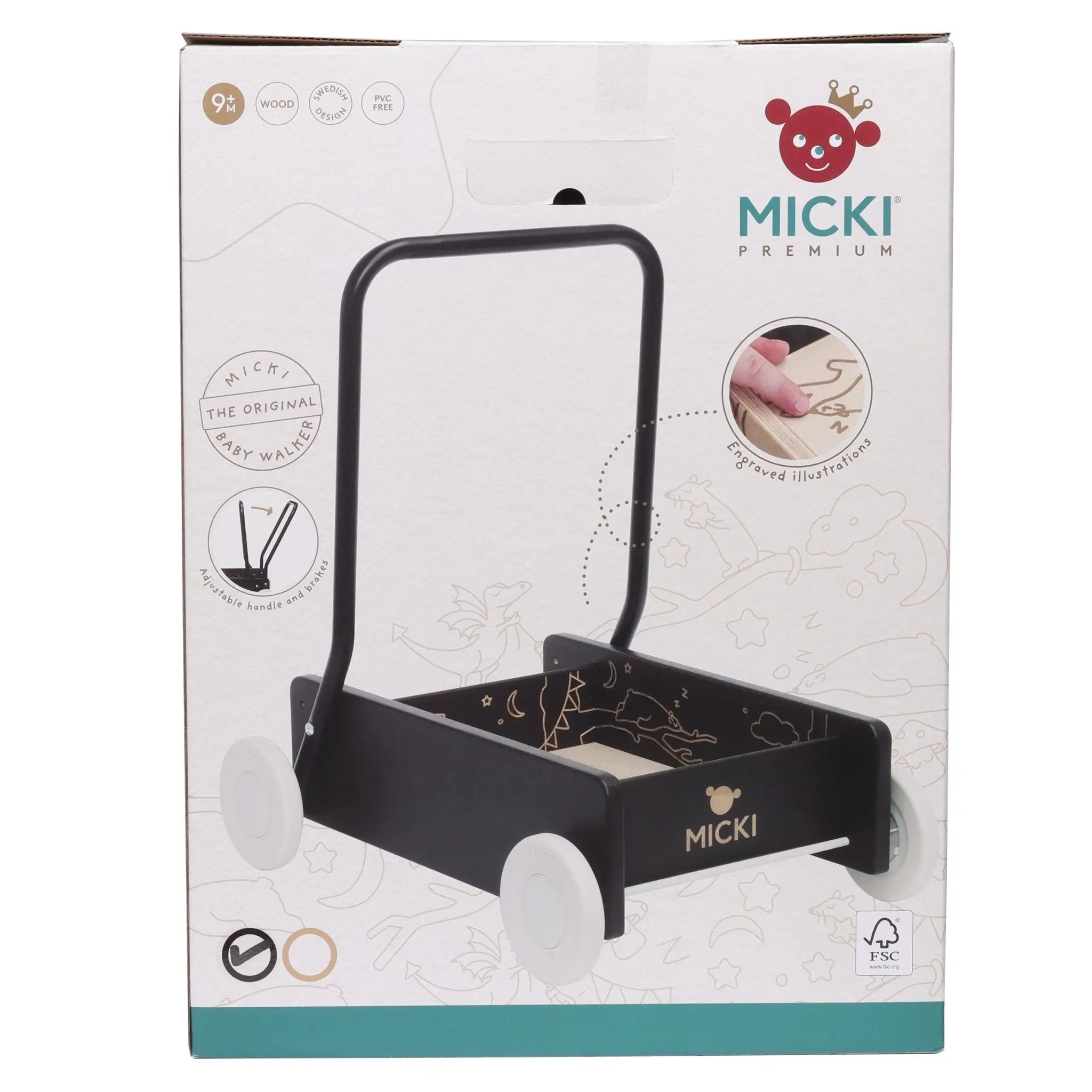 Czarny drewniany chodzik pchacz Premium, nauka chodzenia, dla dzieci, Micki - Zabawki z Lasu 