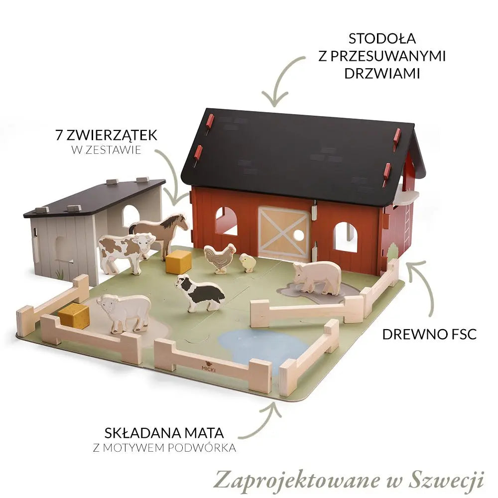 Drewniana farma, zabawka dla dzieci, zwięrzątka na wsi odgrywanie ról Micki - Zabawki z Lasu 
