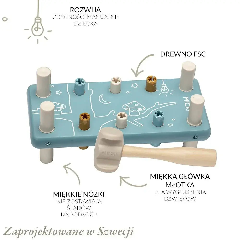 Drewniana przebijanka z gumowym młotkiem niebieska, wbijanka, zabawka Micki - Zabawki z Lasu 