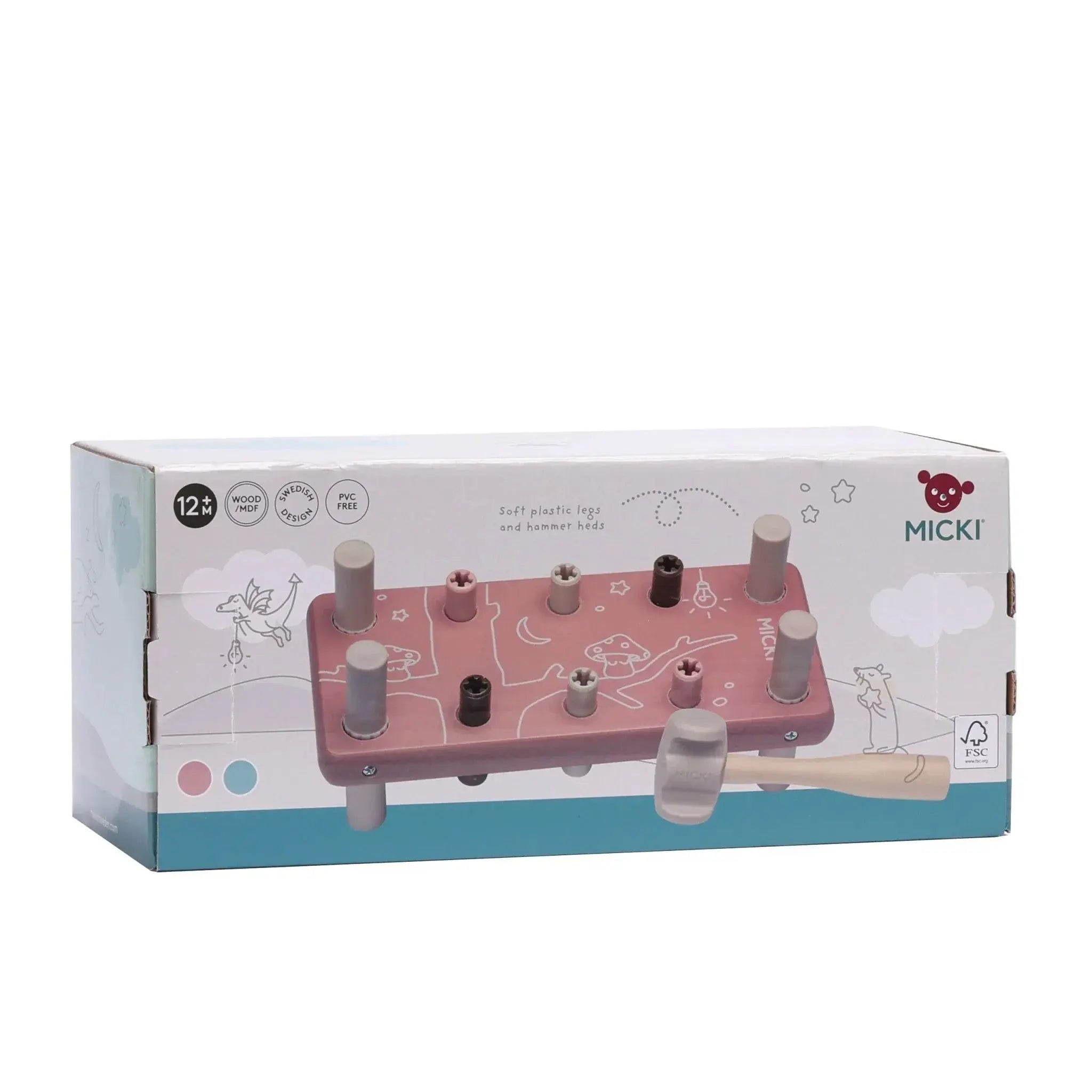 Drewniana przebijanka z gumowym młotkiem różowa, wbijanka, zabawka, Micki - Zabawki z Lasu 