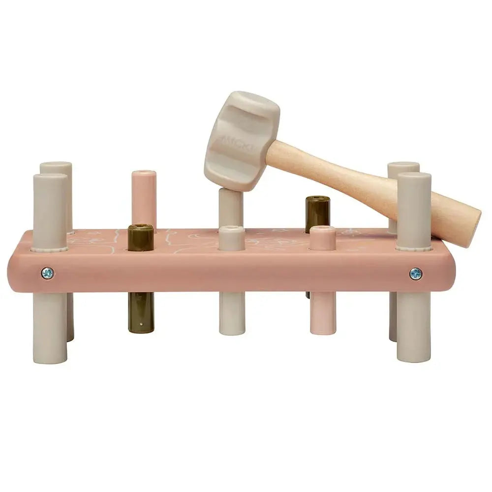 Drewniana przebijanka z gumowym młotkiem różowa, wbijanka, zabawka, Micki - Zabawki z Lasu 