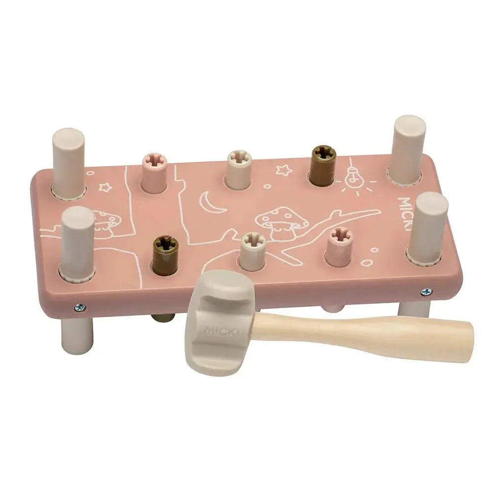 Drewniana przebijanka z gumowym młotkiem różowa, wbijanka, zabawka, Micki - Zabawki z Lasu 