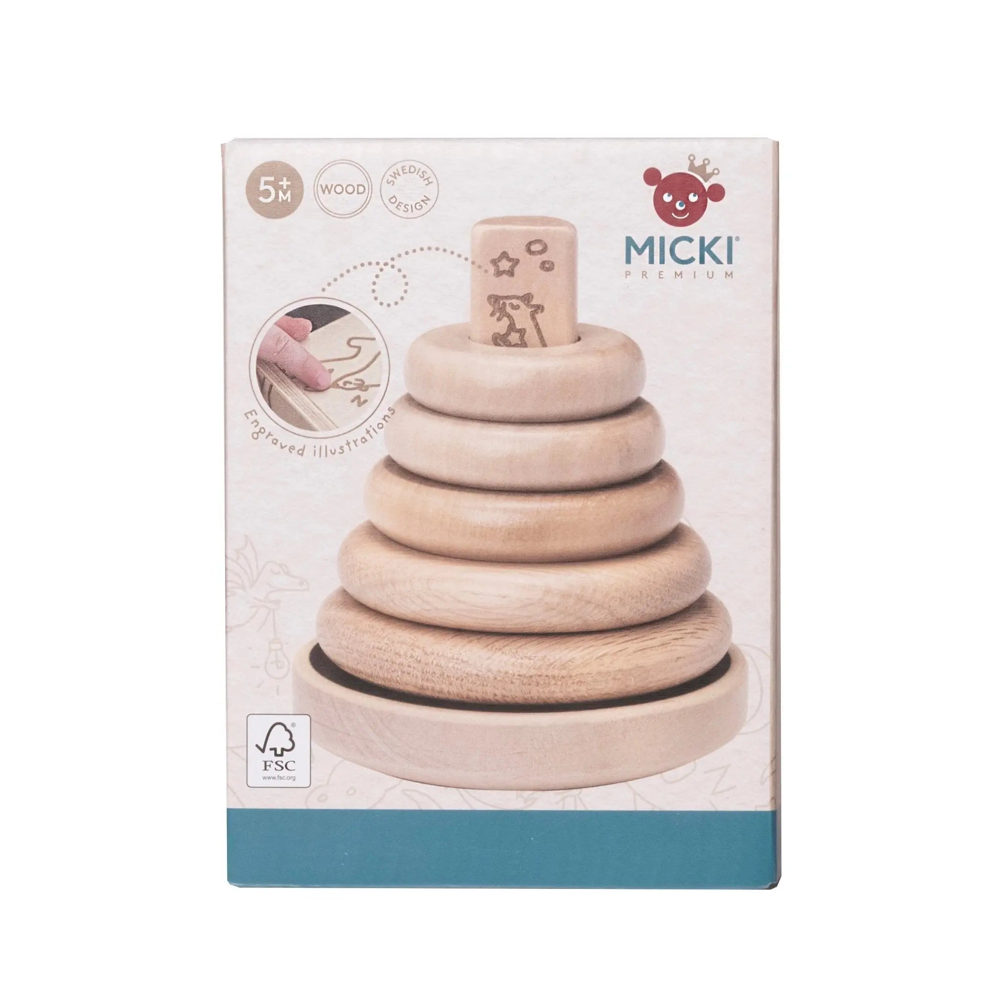 Drewniana układanka piramida Premium, zabawka nakładanka kółka, nauka Micki - Zabawki z Lasu 