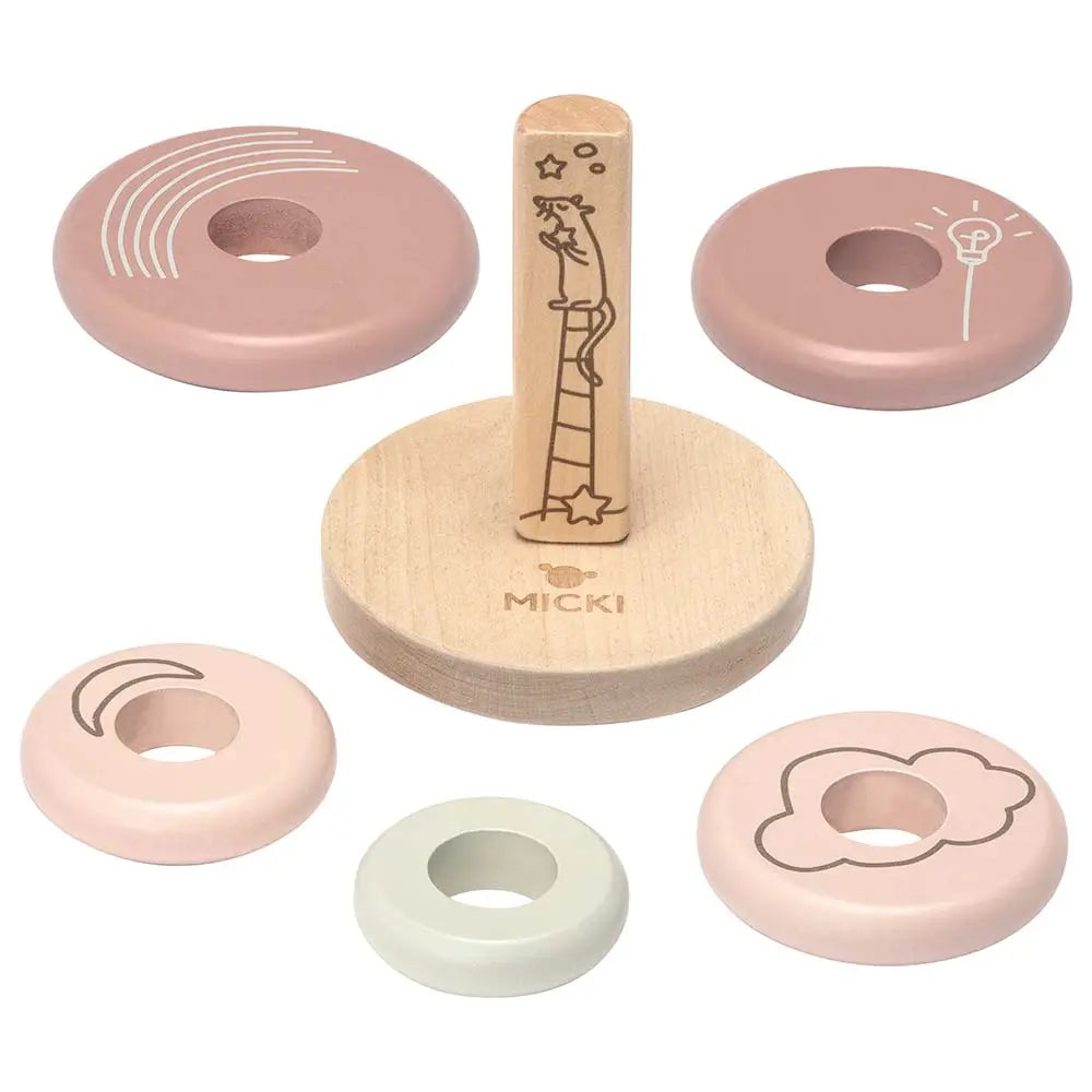 Drewniana układanka różowa piramida, zabawka nakładanka, kółka nauka, Micki - Zabawki z Lasu 
