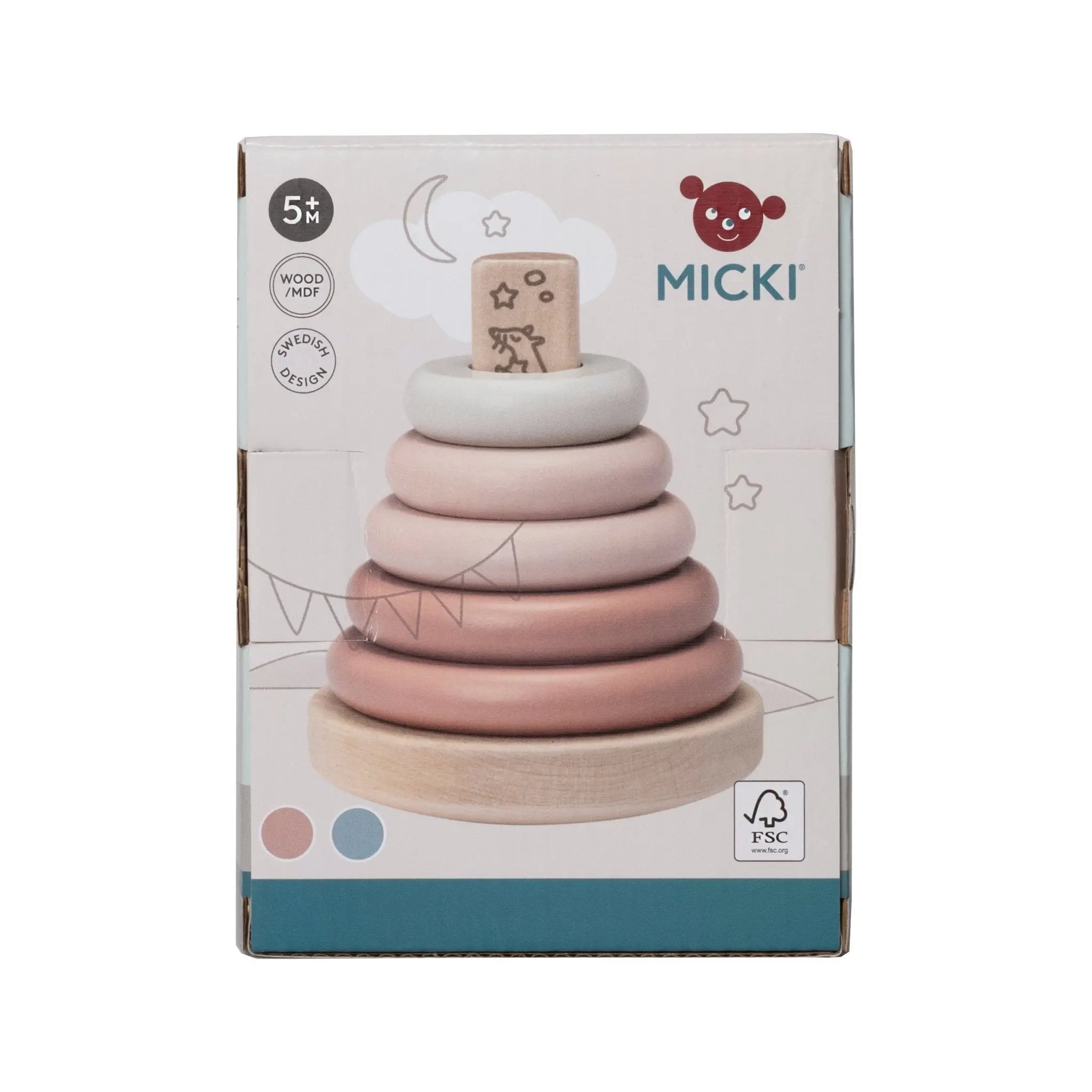Drewniana układanka różowa piramida, zabawka nakładanka, kółka nauka, Micki - Zabawki z Lasu 