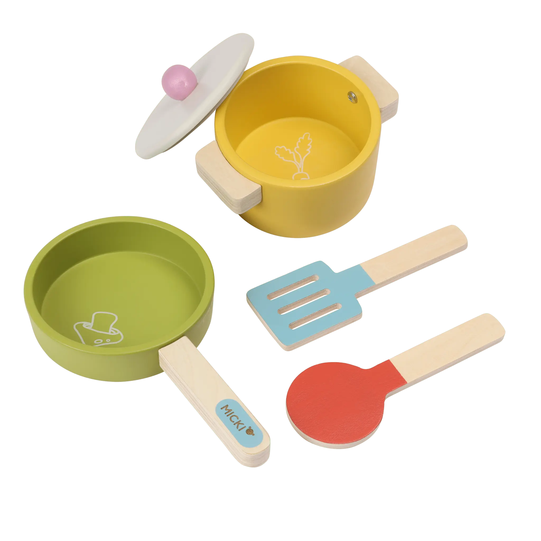 Drewniane akcesoria kuchenne dla dzieci, zestaw garnki, gotowanie, Micki - Zabawki z Lasu 