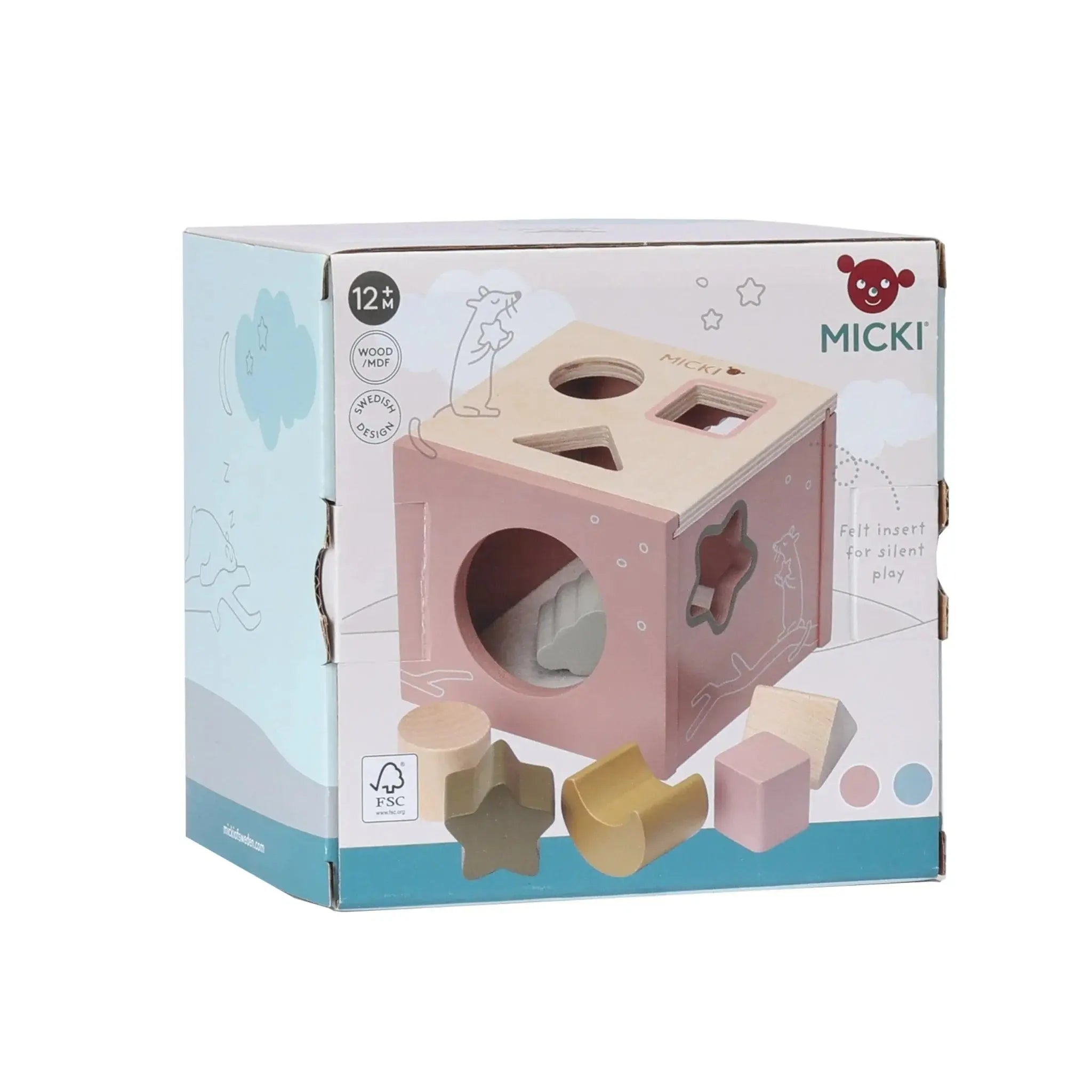 Drewniany sorter kształtów różowy, zabawka edukacyjna dla dzieci, Micki - Zabawki z Lasu 