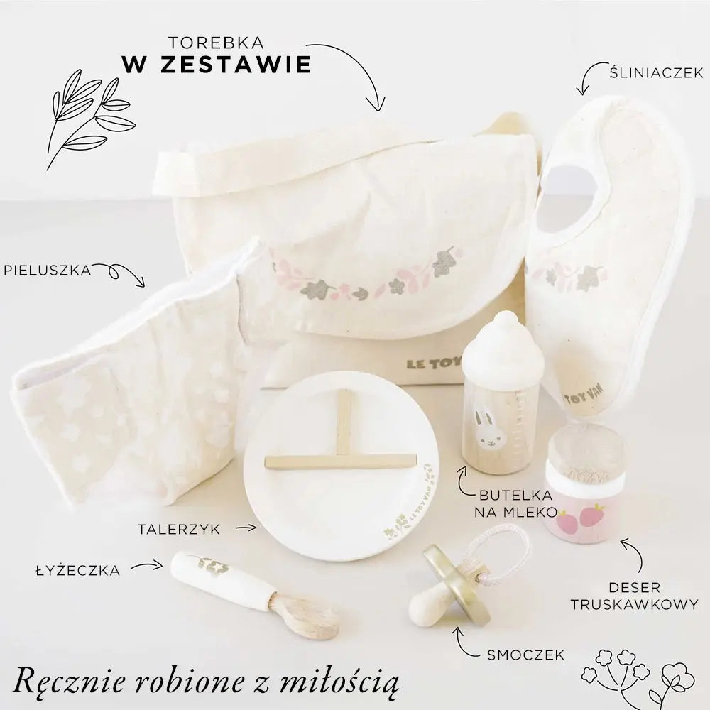 Drewniany zestaw do karmienia lalek, zabawa lalkami, dla dzieci, Le Toy Van - Zabawki z Lasu 