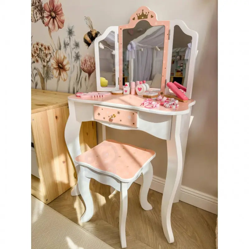 TOOKY TOY Drewniana Toaletka z Krzesełkiem Składane Lusterko Akcesoria 15 el.