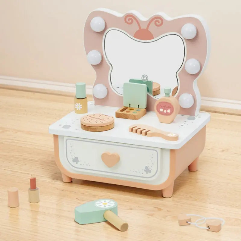 TOOKY TOY Drewniana Toaletka Motyl Akcesoria Lustro z Oświetleniem LED + Kosmetyki