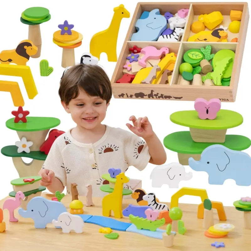 VIGA Drewniane Klocki Kolorowe Opowieści Tropikalne Pudełko 55el.