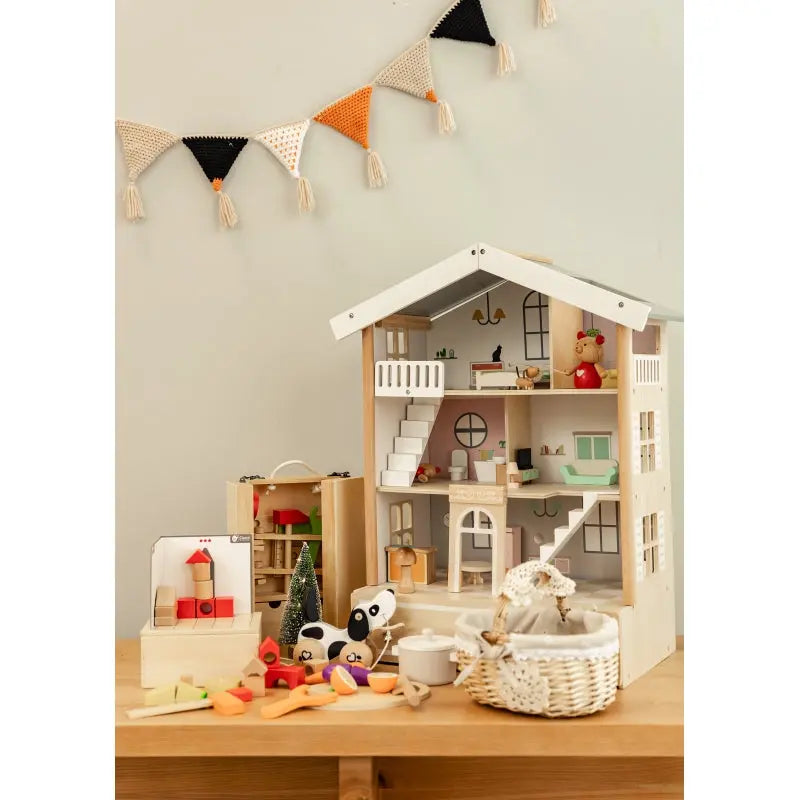 CLASSIC WORLD Duży Drewniany Domek dla Lalek 2 Figurki NATURALNE DREWNO 28 el.