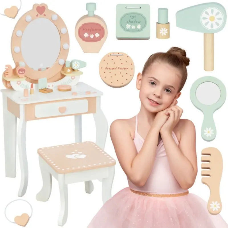TOOKY TOY Drewniana Toaletka z Krzesełkiem Akcesoria Lustro z Oświetleniem LED + Kosmetyki