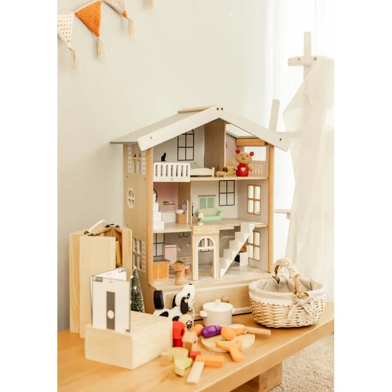 CLASSIC WORLD Duży Drewniany Domek dla Lalek 2 Figurki NATURALNE DREWNO 28 el.