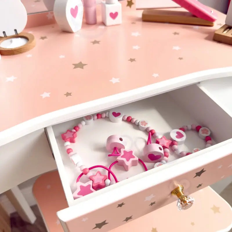 TOOKY TOY Drewniana Toaletka z Krzesełkiem Składane Lusterko Akcesoria 15 el.