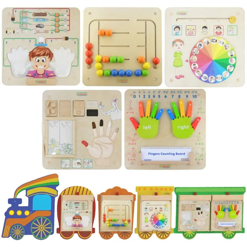 MASTERKIDZ Zestaw Tablic Pociąg 5w1 Tablica Sensoryczna Motoryczna Nauka Zmysłów i Emocji
