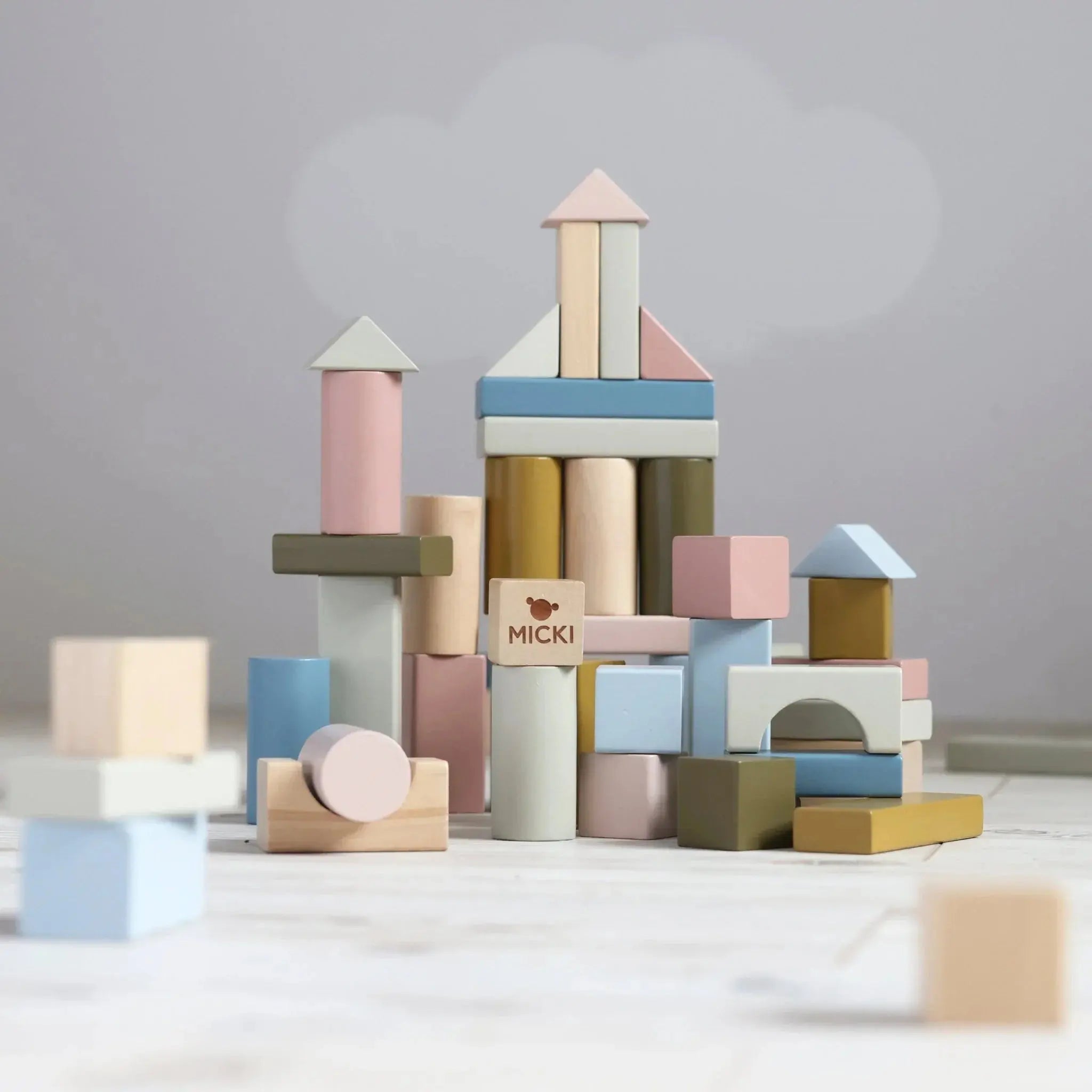 Klocki pastelowe drewniane dla dzieci 60 sztuk zestaw klocków, Micki - Zabawki z Lasu 