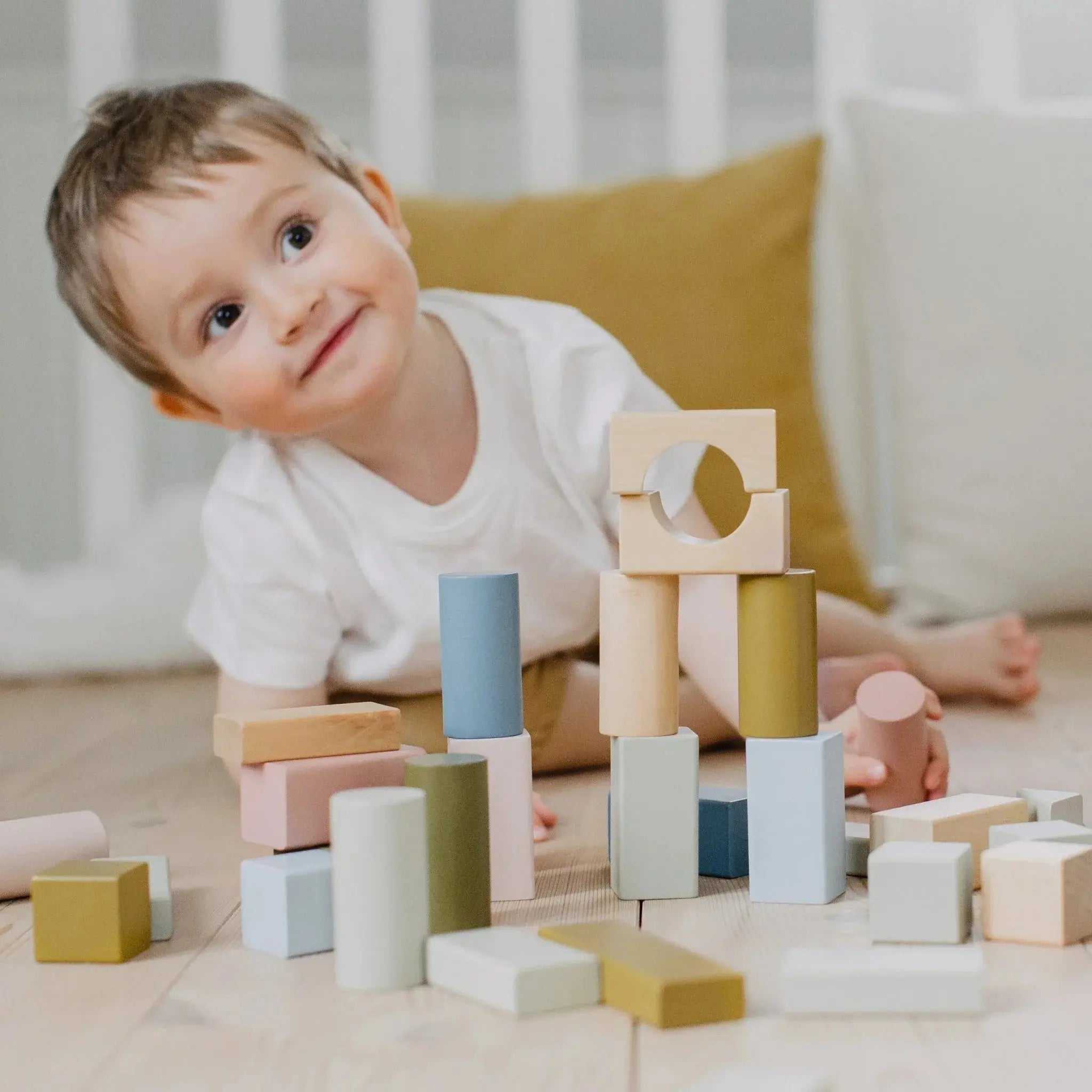 Klocki pastelowe drewniane dla dzieci 60 sztuk zestaw klocków, Micki - Zabawki z Lasu 