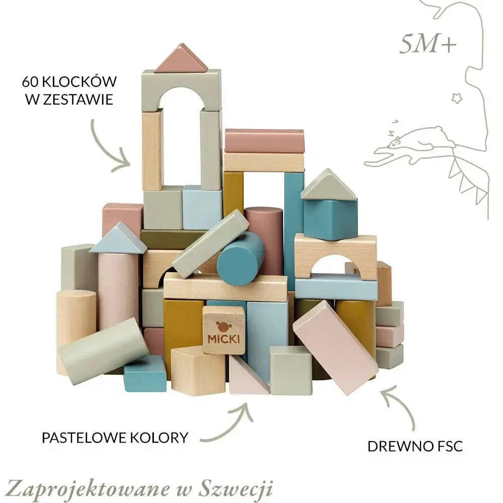 Klocki pastelowe drewniane dla dzieci 60 sztuk zestaw klocków, Micki - Zabawki z Lasu 