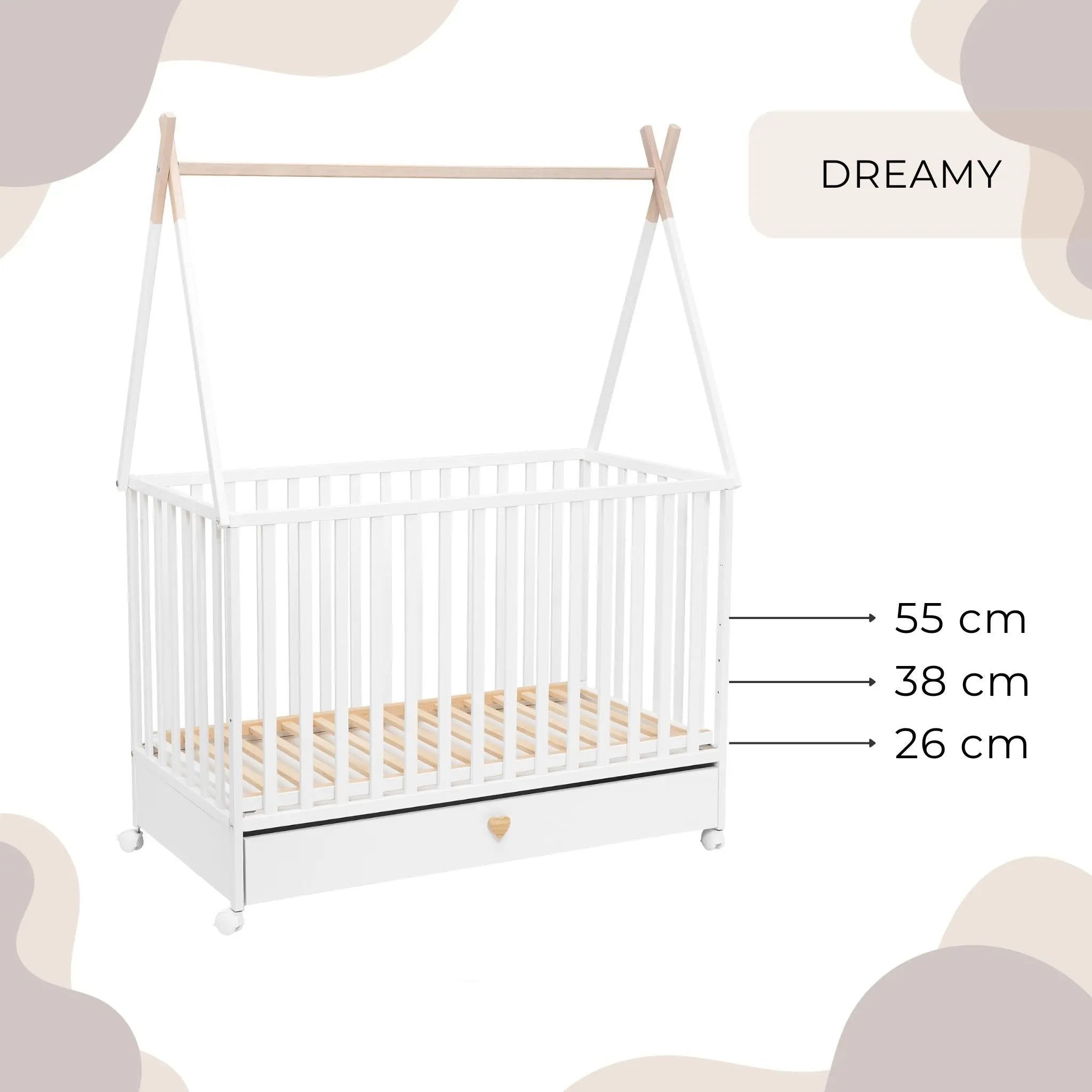 Łóżeczko dziecięce 120x60 z szufladą i kółkami DREAMY - Zabawki z Lasu 