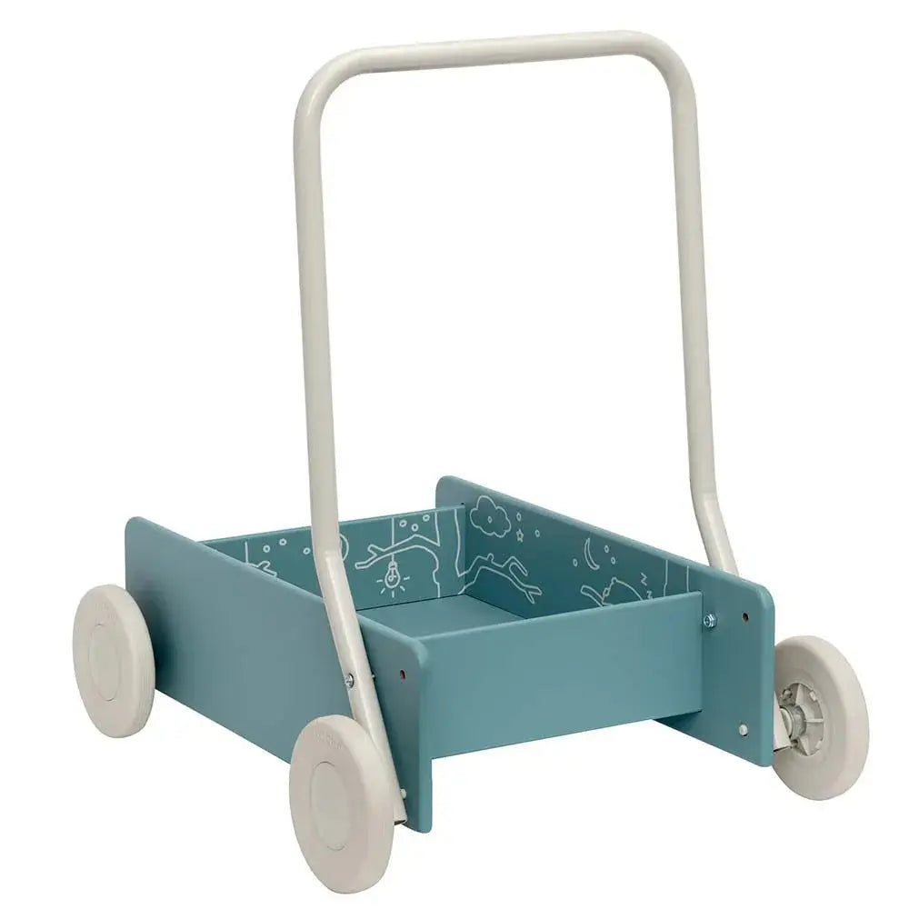 Niebieski drewniany chodzik pchacz, do nauki chodzenia, dla dzieci, Micki - Zabawki z Lasu 