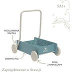 Niebieski drewniany chodzik pchacz, do nauki chodzenia, dla dzieci, Micki - Zabawki z Lasu 