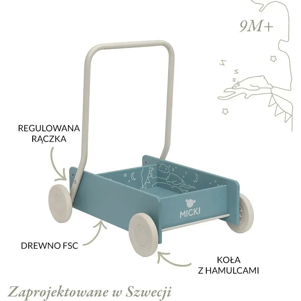Niebieski drewniany chodzik pchacz, do nauki chodzenia, dla dzieci, Micki - Zabawki z Lasu 
