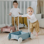 Niebieski drewniany chodzik pchacz, do nauki chodzenia, dla dzieci, Micki - Zabawki z Lasu 