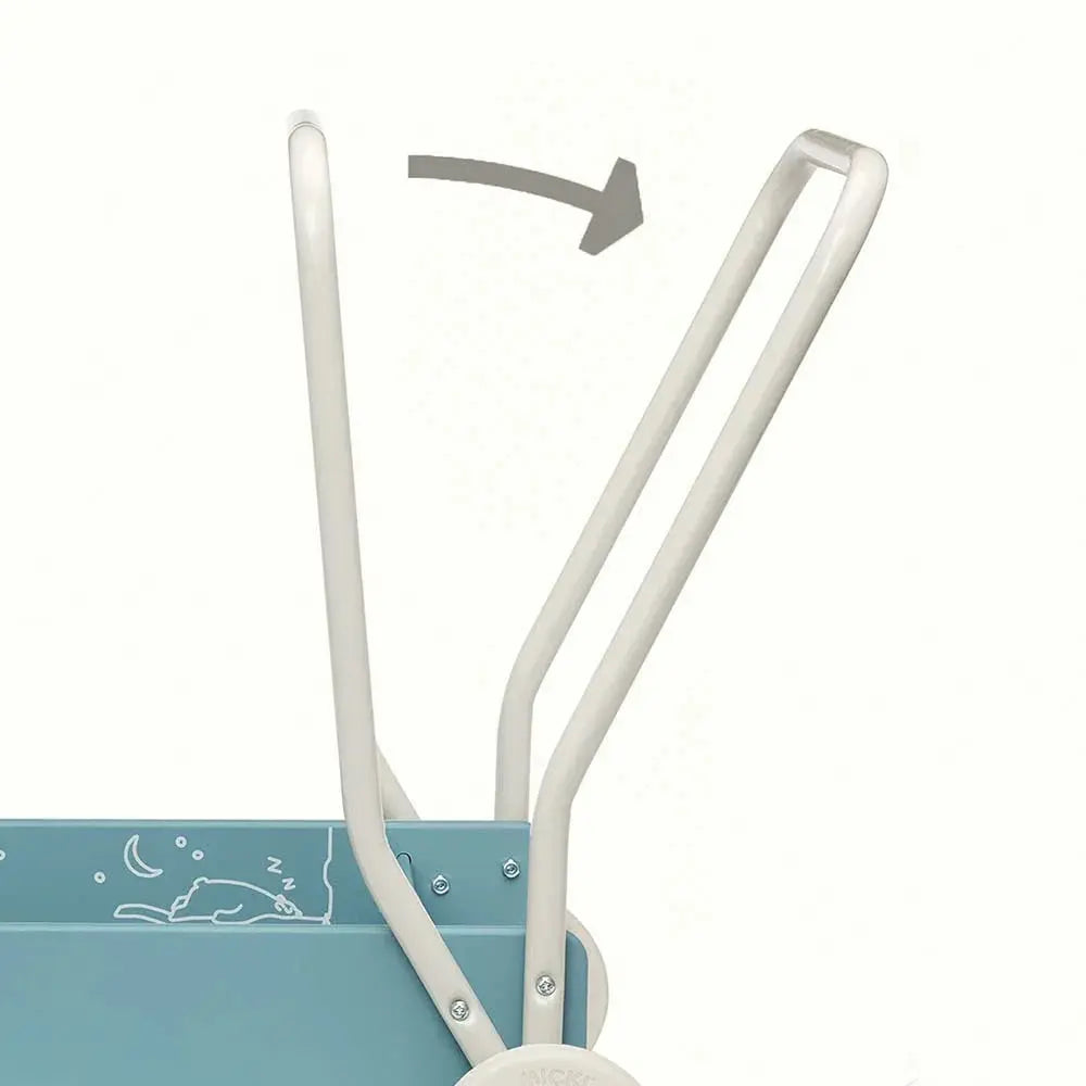 Niebieski drewniany chodzik pchacz, do nauki chodzenia, dla dzieci, Micki - Zabawki z Lasu 