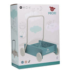 Niebieski drewniany chodzik pchacz, do nauki chodzenia, dla dzieci, Micki - Zabawki z Lasu 