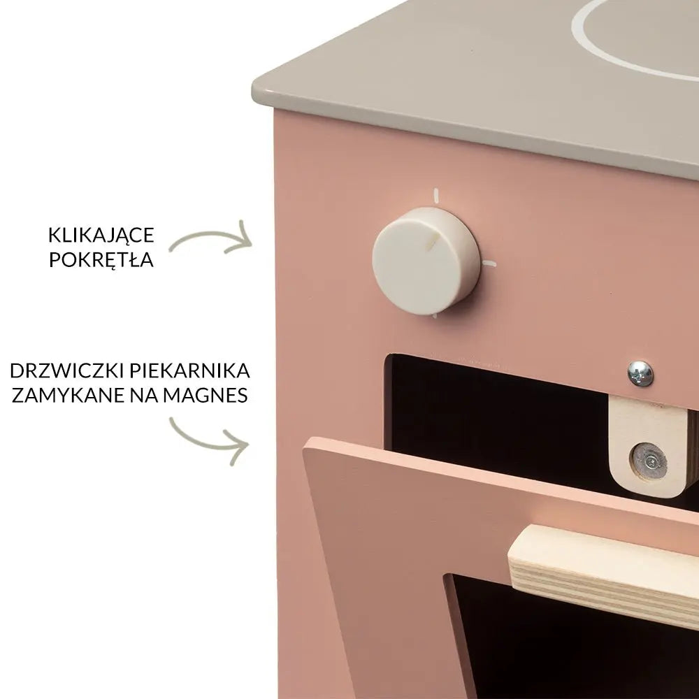 Różowa drewniana kuchenka dla dzieci, kuchnia, piekarnik gotowanie, Micki - Zabawki z Lasu 