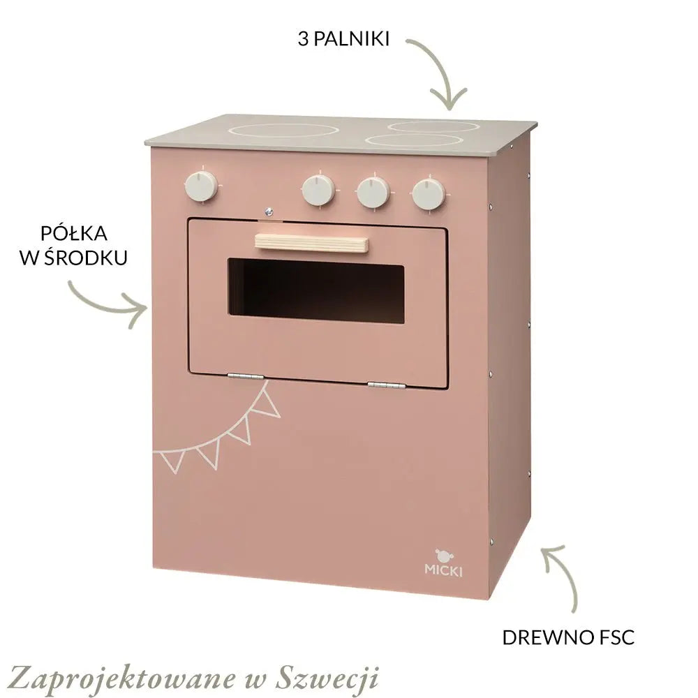 Różowa drewniana kuchenka dla dzieci, kuchnia, piekarnik gotowanie, Micki - Zabawki z Lasu 
